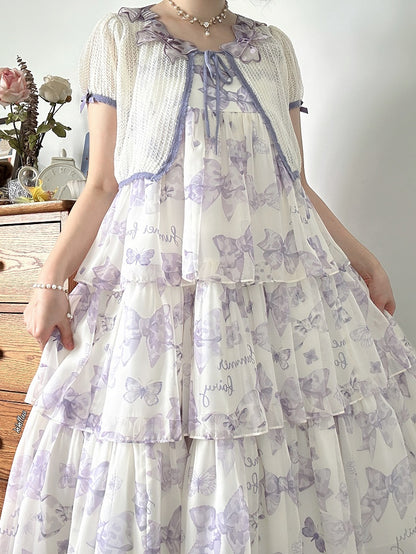 パープルの蝶結びアップリケネックライン半袖トップス