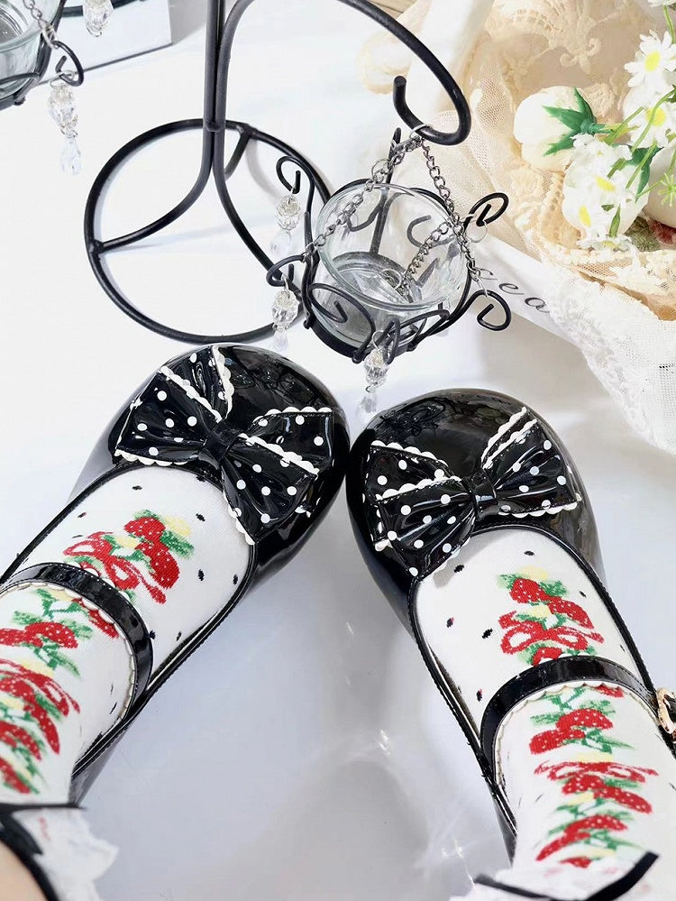 with Black Pattern Clasp Dot PU Shoes and Adorable in Bow Round Bear Low-heel Toe
