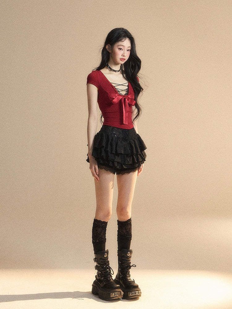 Red Lace Big Bow Slim-fitting Back T-Shirt Trim V-Neck Cutout