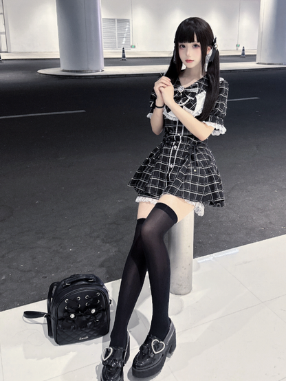 ミニドレス+ショーツ ジライ ブラック レースアップ チェック柄 セット 装飾ディテール ケイウエスト ラインストーン