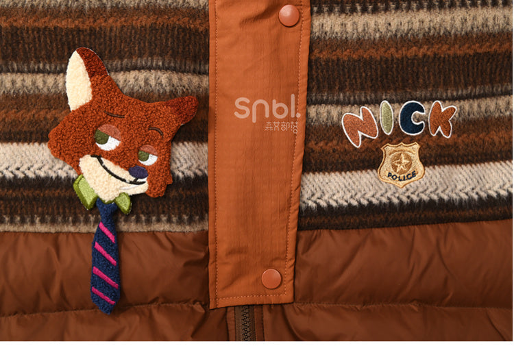 Braune Daunenjacke mit Kapuze im Patchwork-Design