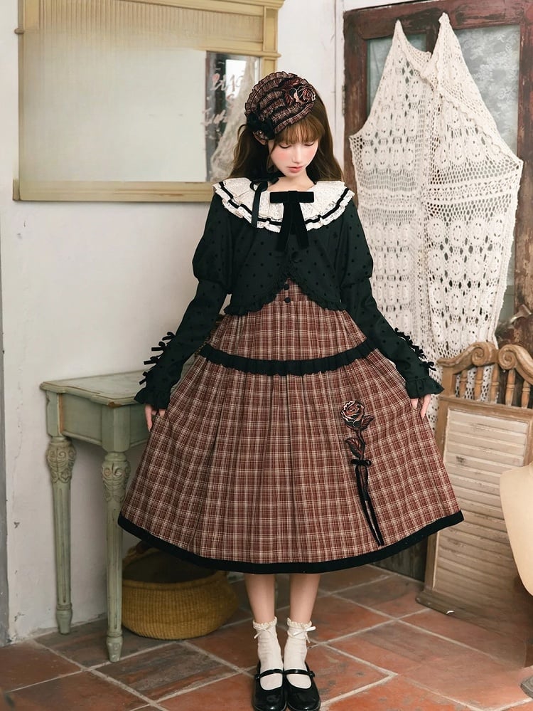 Ruffled with Green/Red Accent Hairband and Embroidery Lolita Black Plaid Bow Rose
