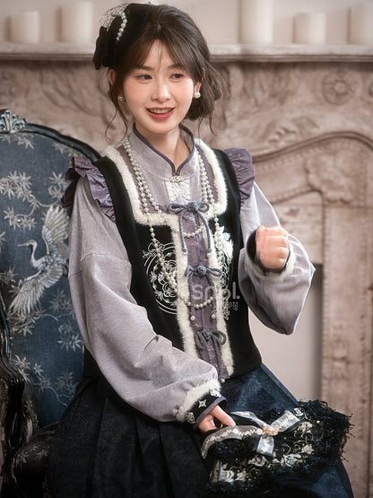 Black and Purple Moon Rabbit Cheongsam Style Vest