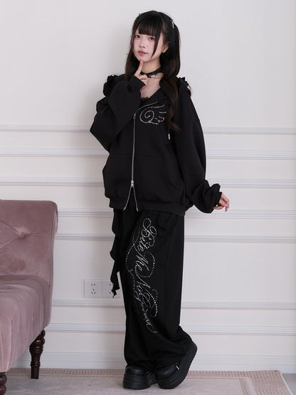Black Straight-Leg Pants with Rhinestone Embellishment - No Genki