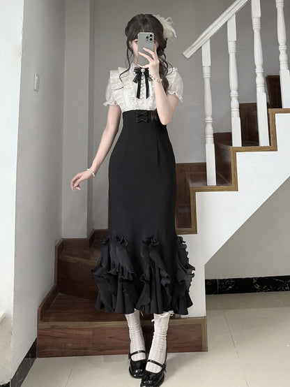 2つのフェイクドレススカートデザインウエストピースマーメイドボーンとブラックロリータブラウスベージュエレガント