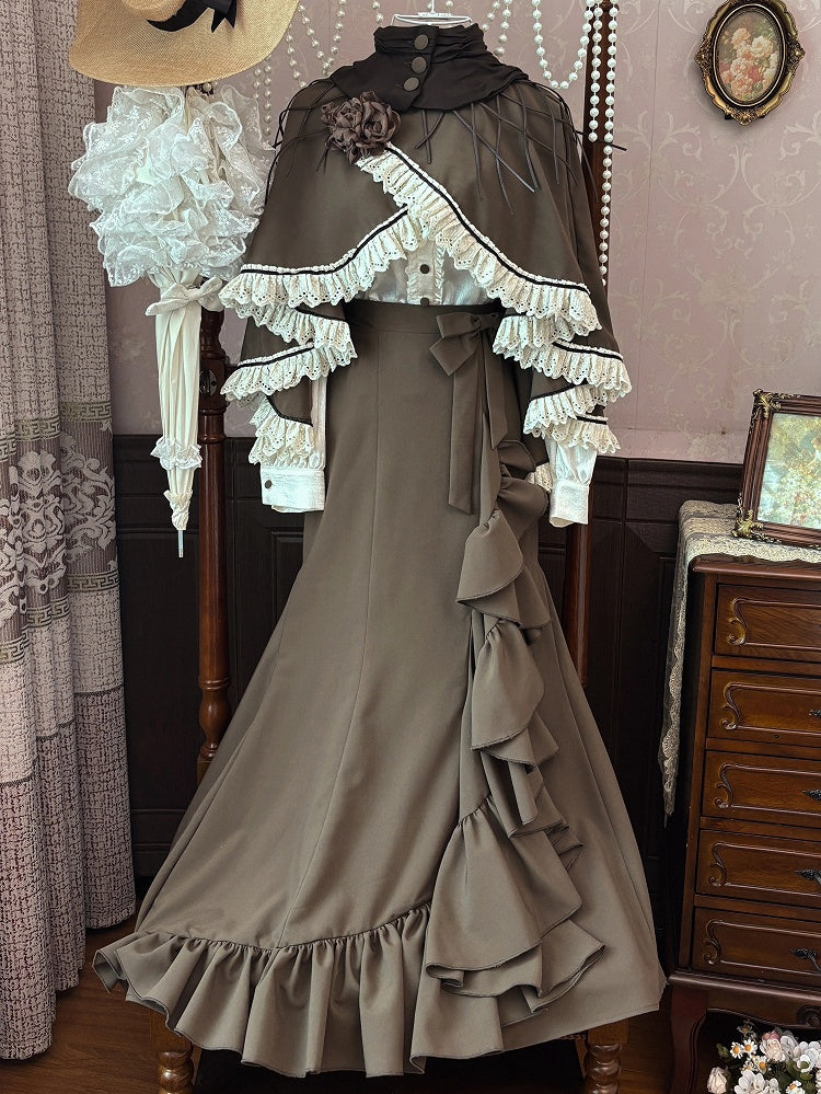 Brown Elegant Mermaid Skirt with Cascading Ruffles - MUYU