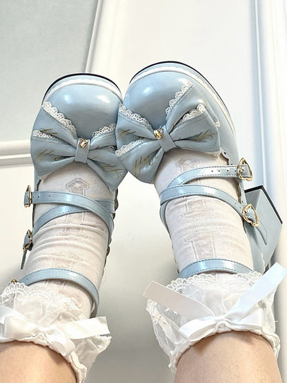 Heels Herz am Block Hohe Schnallen Blaue Schleife Kreuzmuster Abnehmbares Oberteil