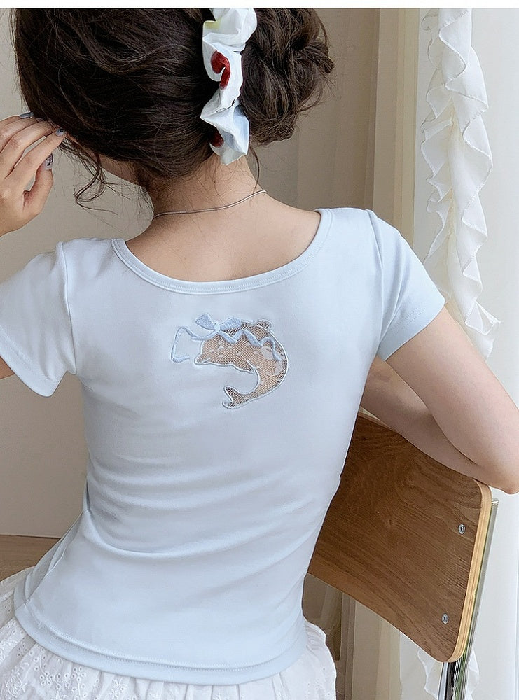 Dolphin-shaped Cutout Back Blue Scoop Neckline T-shirt