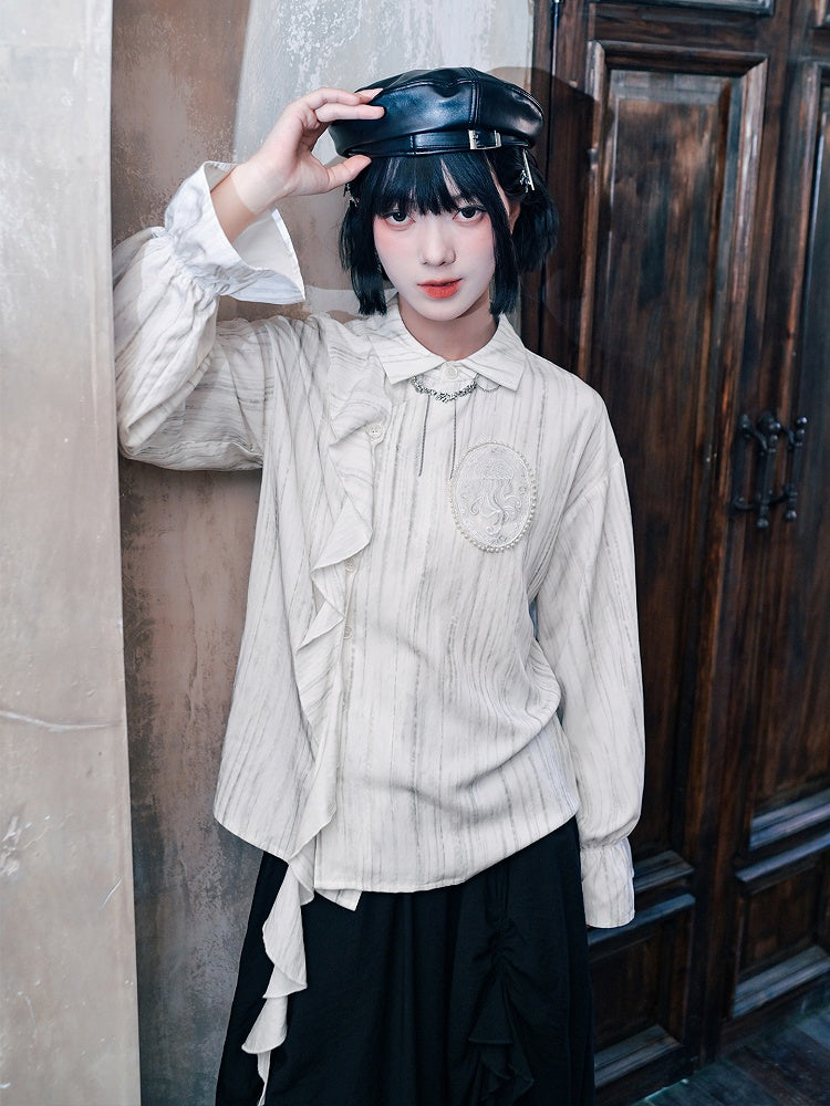 Gothic Shoulder Accents Ribbon White Asymmetrical with Jellyfish Cheongsam Blouse Embroidery