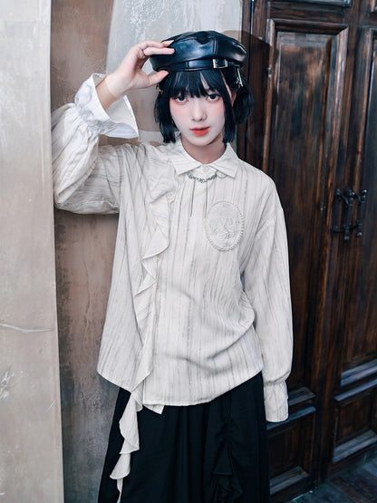 Gothic Shoulder Accents Ribbon White Asymmetrical with Jellyfish Cheongsam Blouse Embroidery