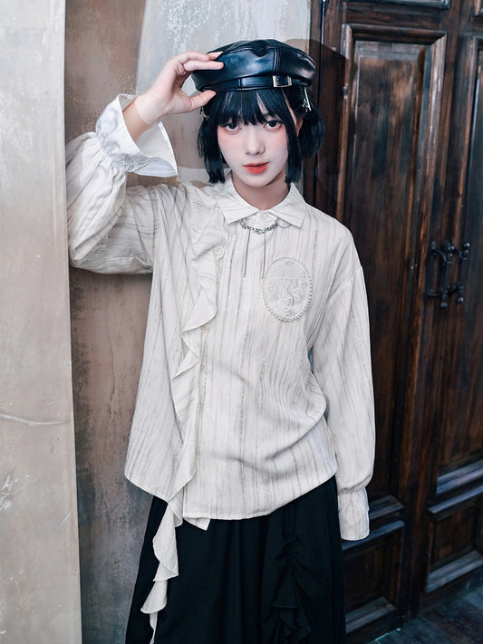 Gothic Shoulder Accents Ribbon White Asymmetrical with Jellyfish Cheongsam Blouse Embroidery