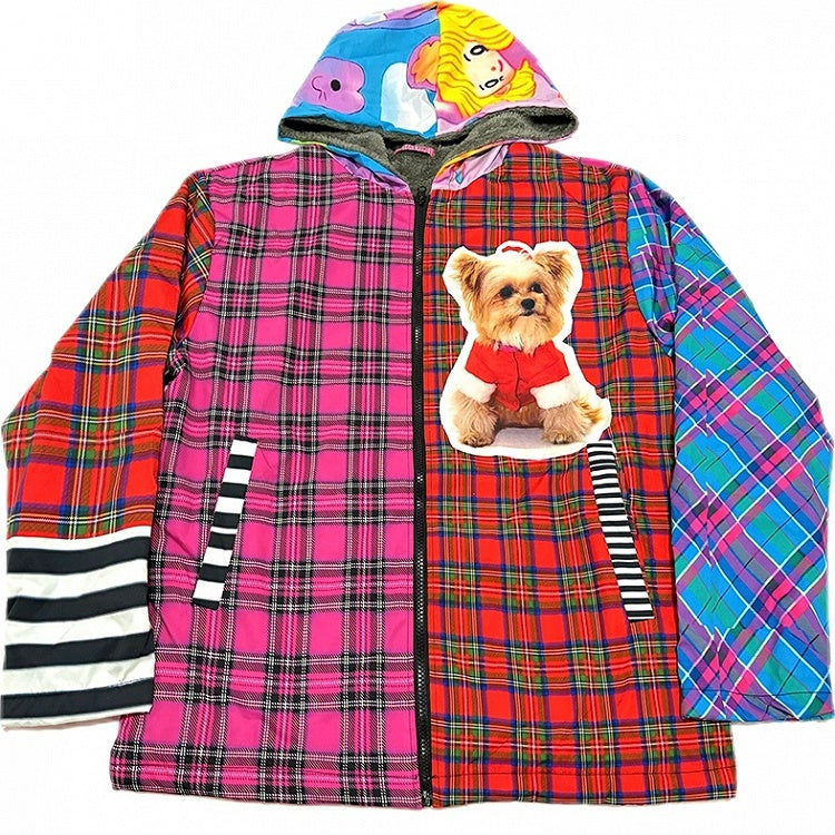 クリスマス Y2K カラフルオーバーサイズ フード付きフリース裏地ジャケット チェック柄と子犬プリント
