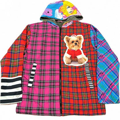 クリスマス Y2K カラフルオーバーサイズ フード付きフリース裏地ジャケット チェック柄と子犬プリント