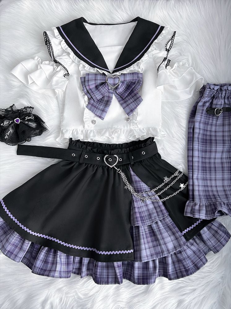 Shoulder Plaid Set-Sailor Skirt Purple And Top+Purple Short Kei Black Cutout Collar Full Sleeves Jirai