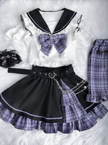 Shoulder Plaid Set-Sailor Skirt Purple And Top+Purple Short Kei Black Cutout Collar Full Sleeves Jirai