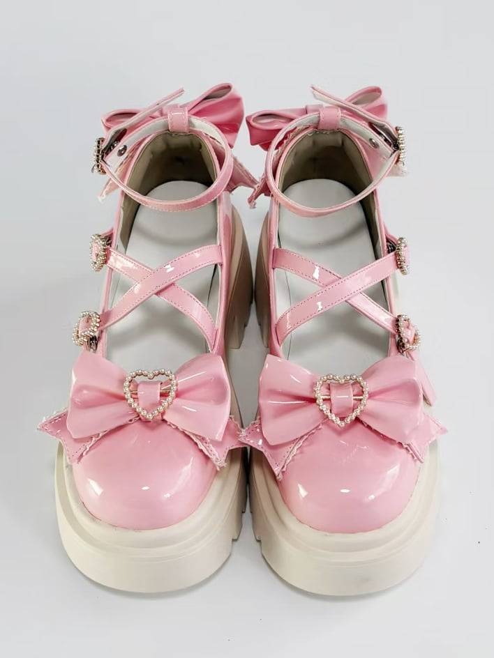 Mary Beaded Pink Details Crossed Janes with Bow Chunky Straps Heel Heart - Closure