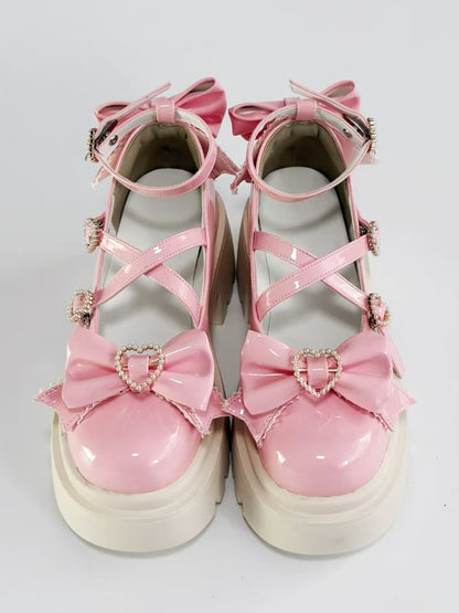 Mary Beaded Pink Details Crossed Janes with Bow Chunky Straps Heel Heart - Closure