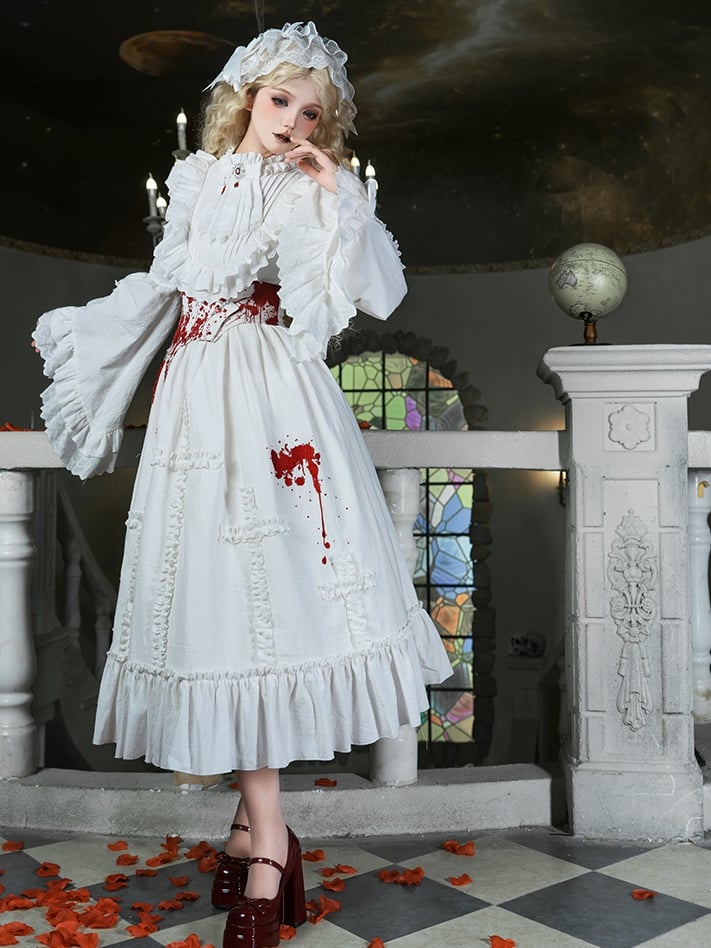 Long and Neckline Shaped Ruffles Ruffled Blood Version with Cross Lolita Embroidery Gothic Dress White