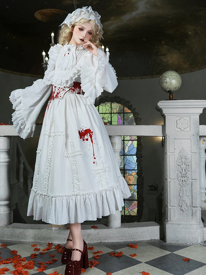 Gothic Lolita Dress with Blood Embroidery, Cross Ruffles & Ruffle Neckline, White Long - With PUJI
