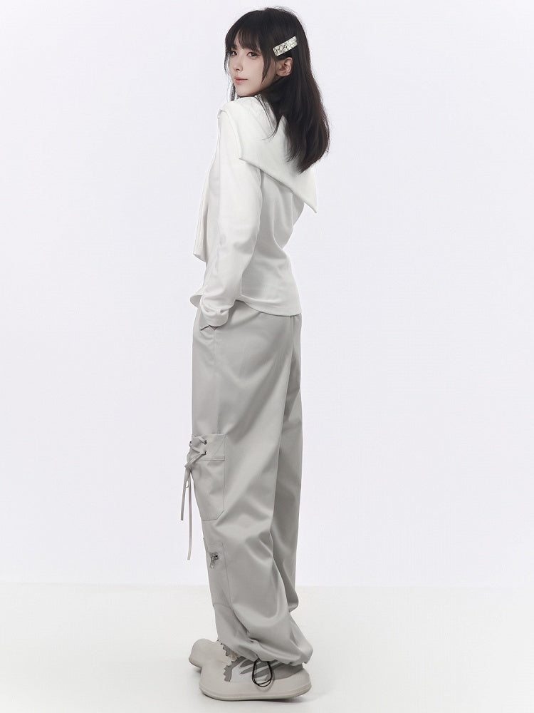 Light Gray Techwear Wide-Leg Cargo Pants with Multi Pockets - PINK SAVIOR