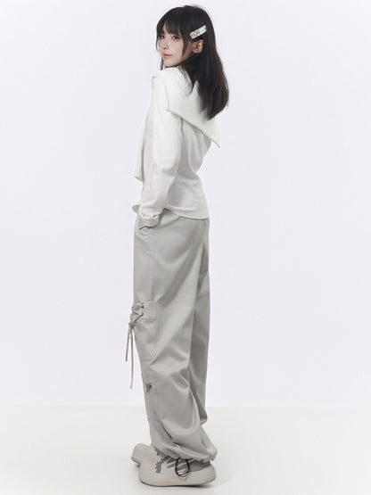 Light Gray Techwear Wide-Leg Cargo Pants with Multi Pockets - PINK SAVIOR