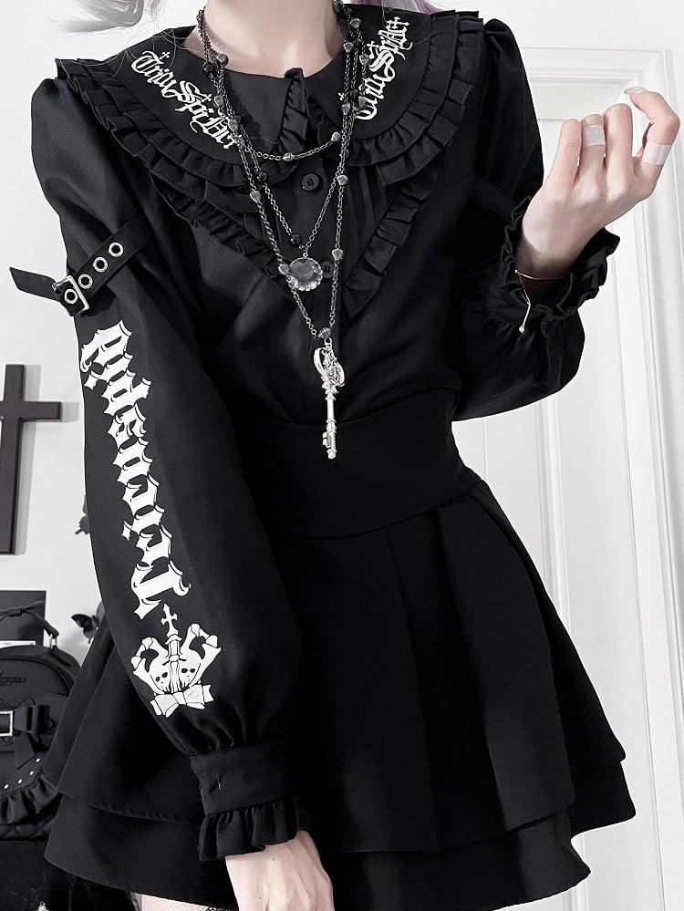 Punk Details Letter Pan Buckle Print Peter Blouse Collar Black Emo