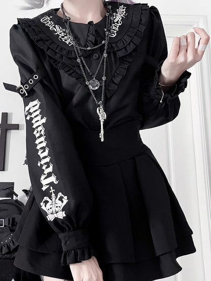 パンクディテールレターパンバックルプリントピーターブラウスカラーブラックエモ