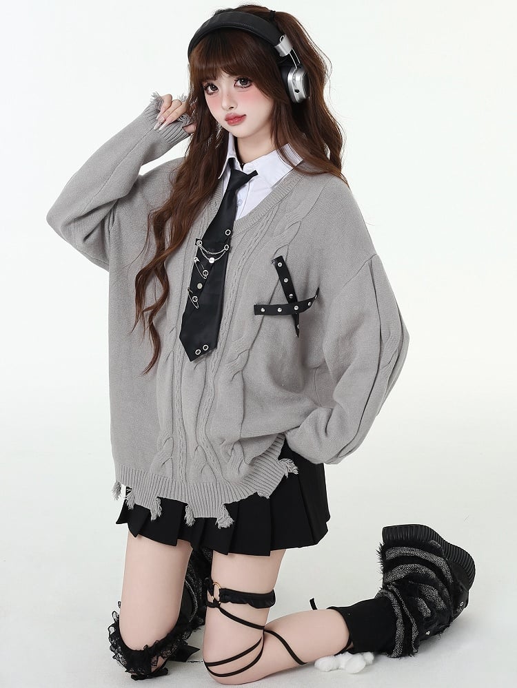 ディストレストリムフェイクツーピースプレッピーセーター（フリータイ付き）