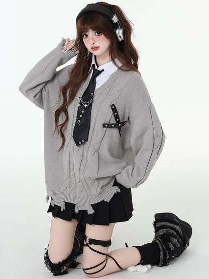 ディストレストリムフェイクツーピースプレッピーセーター（フリータイ付き）