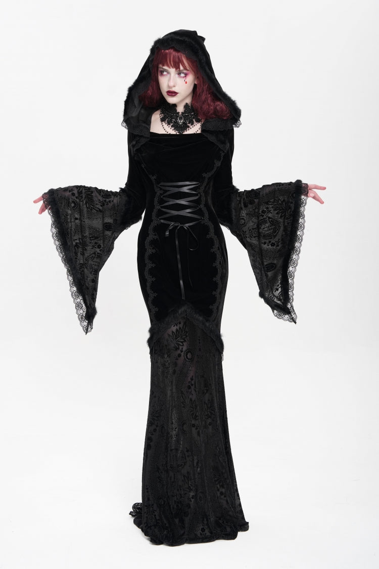 Black Long Trumpet Sleeve Hooded Mesh Gothic Dress Embroidery