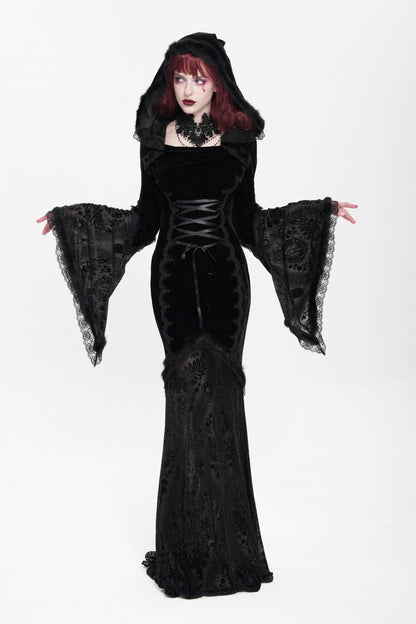 Black Long Trumpet Sleeve Hooded Mesh Gothic Dress Embroidery