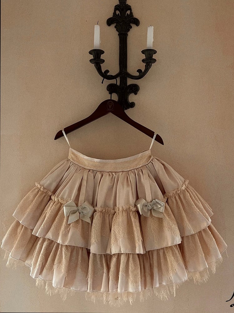 Lolita Gothic Layered Embellishments Bow with Skirt Lace Beige