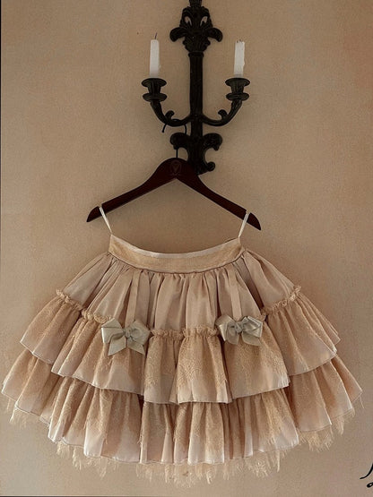 Lolita Gothic Layered Embellishments Bow with Skirt Lace Beige