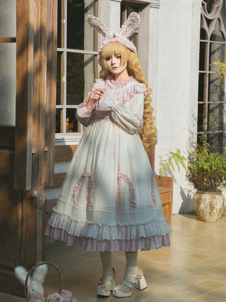 Dress and Long Ruffle White Pink with Sleeves Sweet Details Sash Lolita