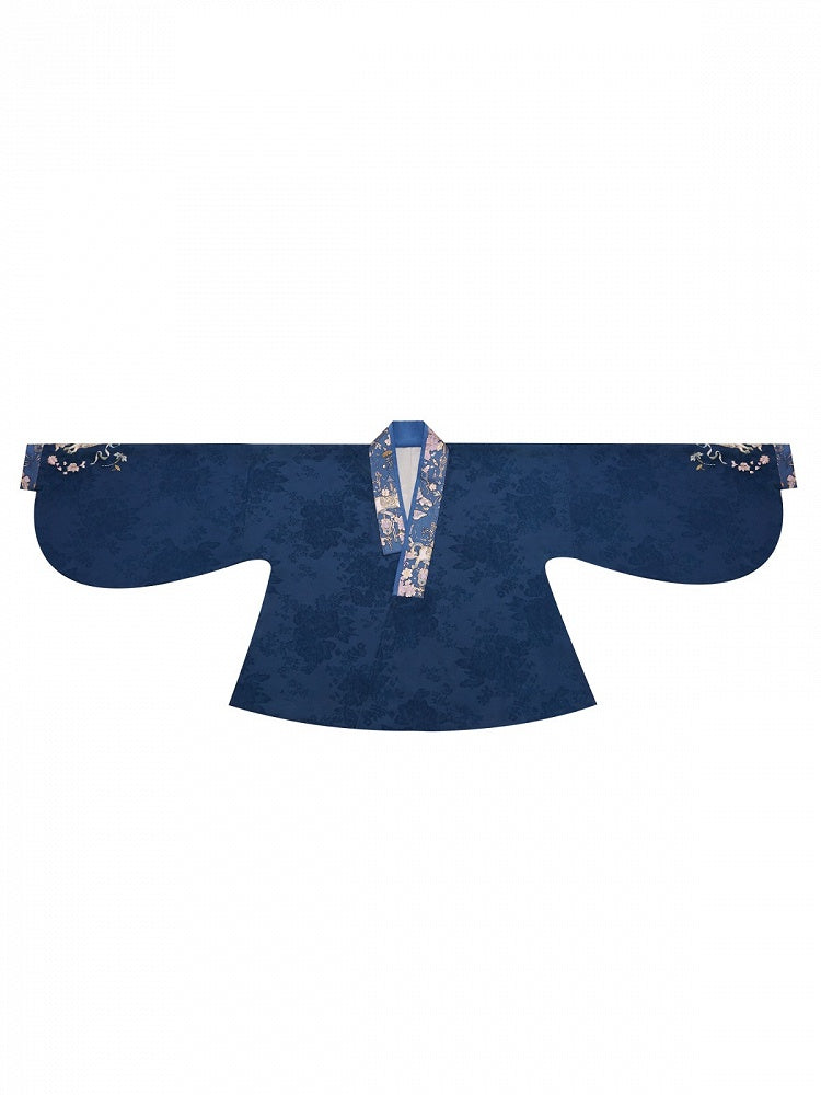 Dark Blue Hanfu-Inspired Wide-Sleeve Lolita Jacquard Top with Floral Embroidery - Hua Xian Ji Hanfu
