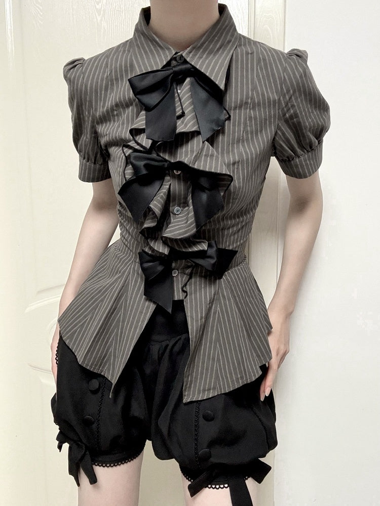 Brown Ouji Lolita Short Sleeve Blouse with Bow & Stripe Pattern - Danger Girl
