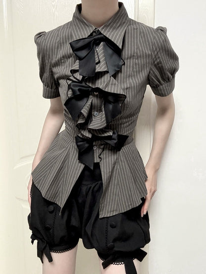 Brown Ouji Lolita Short Sleeve Blouse with Bow & Stripe Pattern - Danger Girl