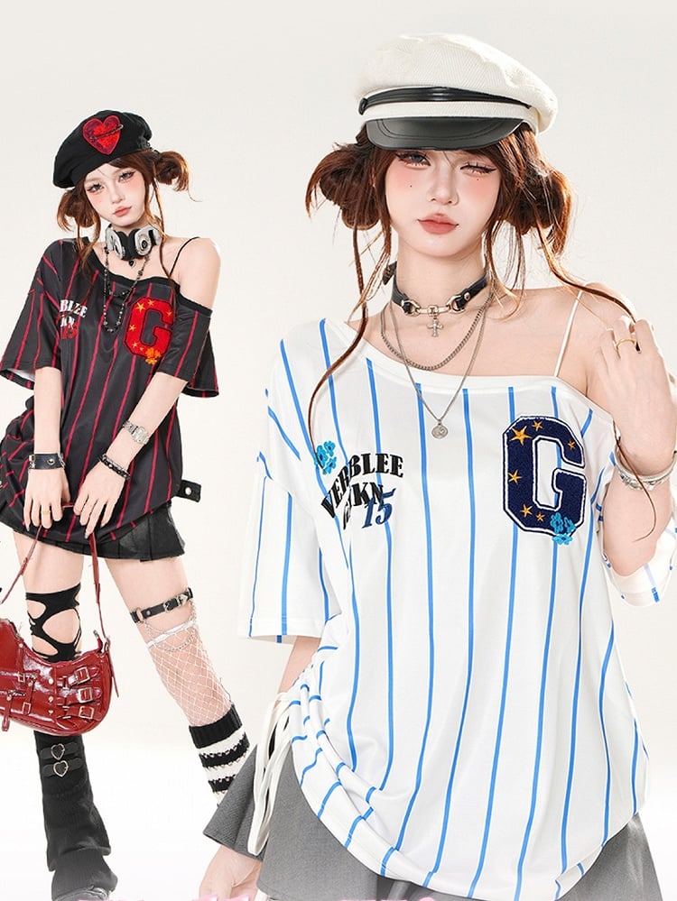Asymmetrical Neckline Blokette Core White/Black Striped T-shirt