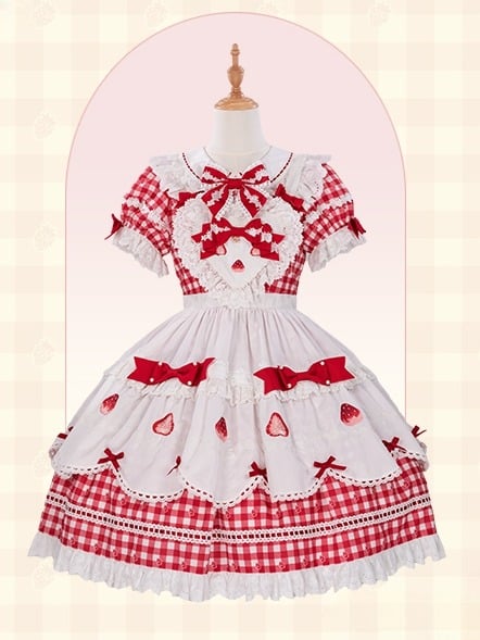 Lolita with Sleeves White Red Puff Dress Gingham Sweet Strawberry Print