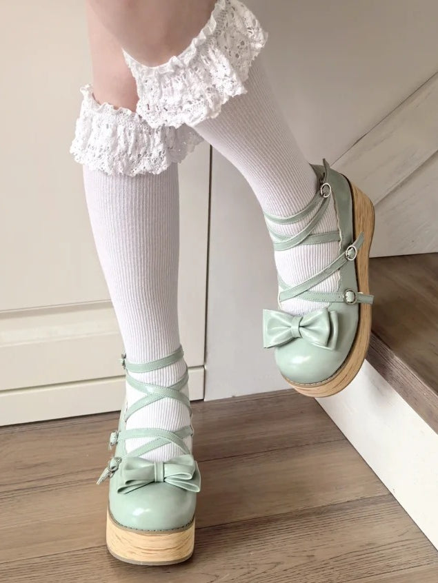 Platforms Sweet Heels Bow Middle Crisscross PU Grass Top - at Lolita Round Toe Design Green