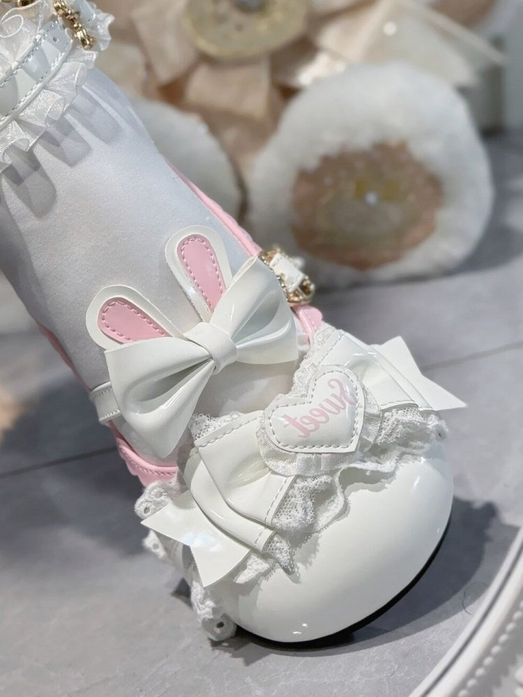 White Sweet Bunny Lolita Shoes with Cat Paw Heel and Heart Bowknot - Sweets Cat