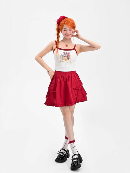 Snow White Vibes Contrast White Graphic Cami Top Red Trim Cropped