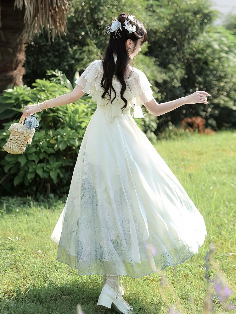 Lace Lolita White with Dress Shawl Classic Hydrangea Print Elegant