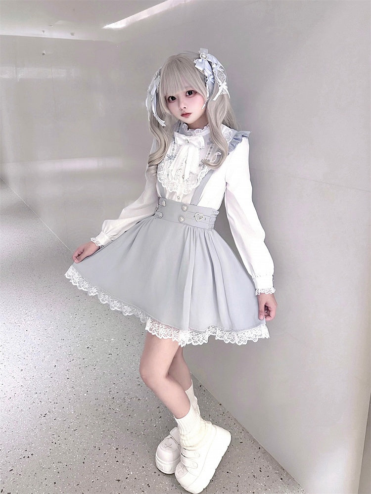 Kei and Decorative Beaded Dress Buckles Jirai Heart Buttons with Dusty Overall Sleeve Flutter Blue