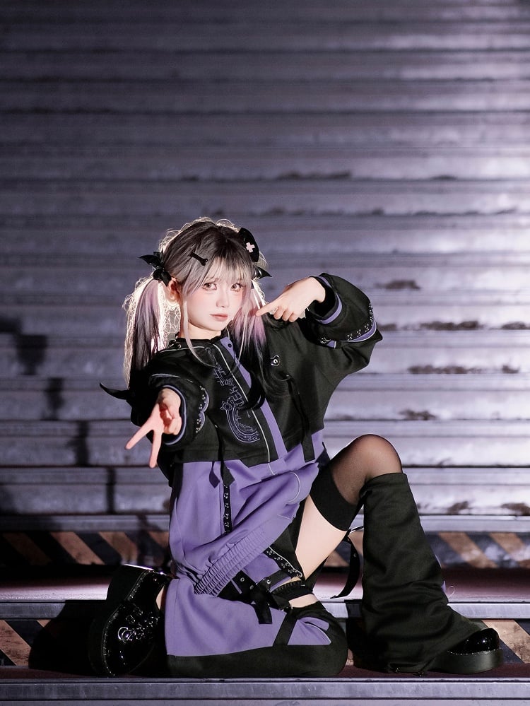 Purple J-Style Set: Futuristic Detachable Cyberpunk Black Jacket and Coord