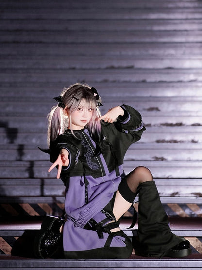 Cyberpunk Set: J-Style Coord Detachable Jacket Futuristic Purple Black and