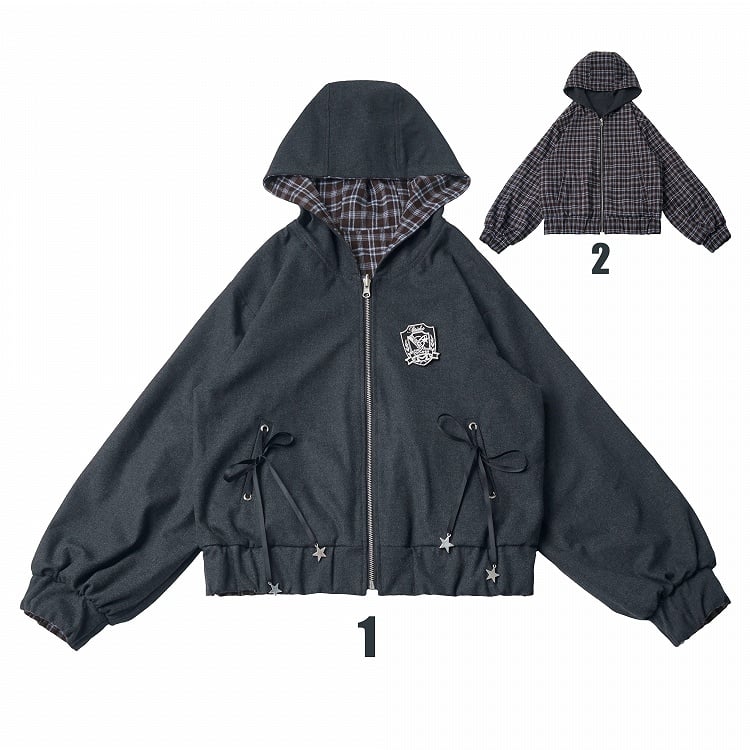 Preppy Kawaii Reversible Dark Gray Plaid Hooded Jacket - PINK SAVIOR