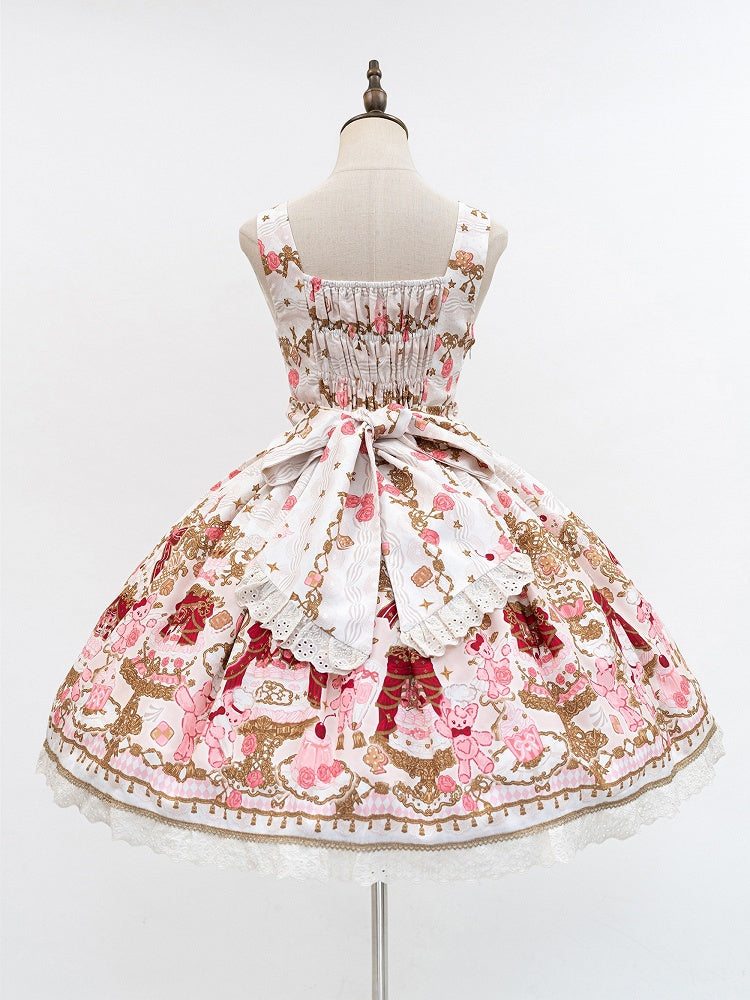 Bear Sweet Trim JSK Details Bow Dress Lace Cake Print Lolita Beige with and