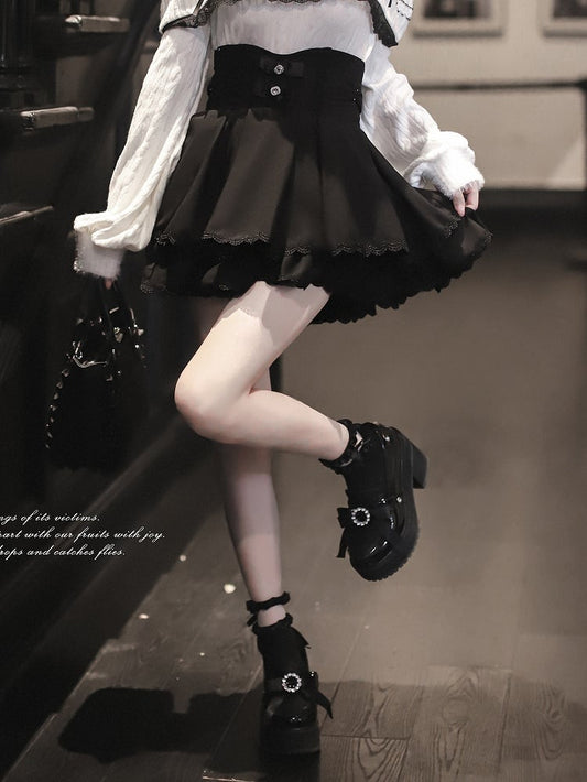 Design Double-Layer Waist Jirai Skirt: Black Kei Style with Bows Rhinestone-Embellished