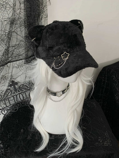Punk - Cat-Ear Detail Japanese with Cap Cute Baseball Black Style Chain